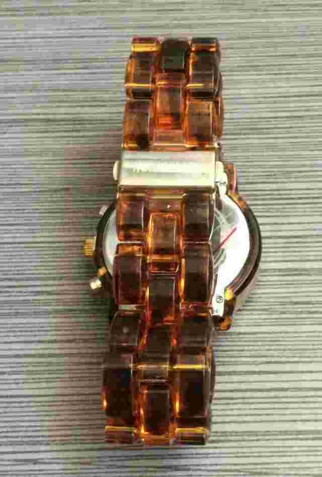 Santini Women's Watch Round Pearl Dial Crystal Hours on Brown Tortoise Band New!