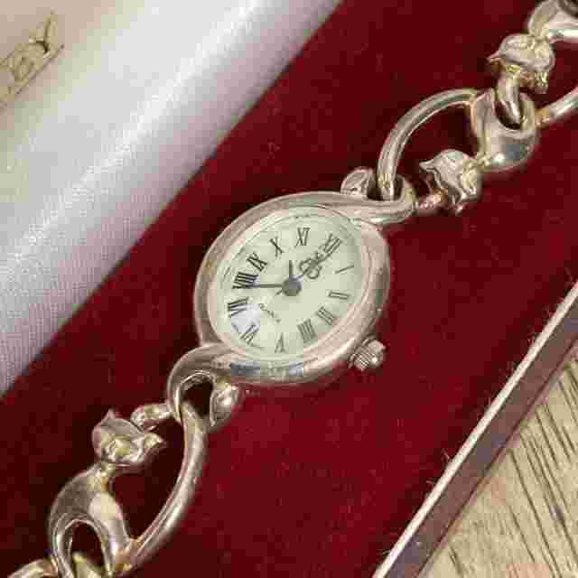 Brooks & Bentley Sterling Silver Cat Watch with Case - Vintage Art Deco 925