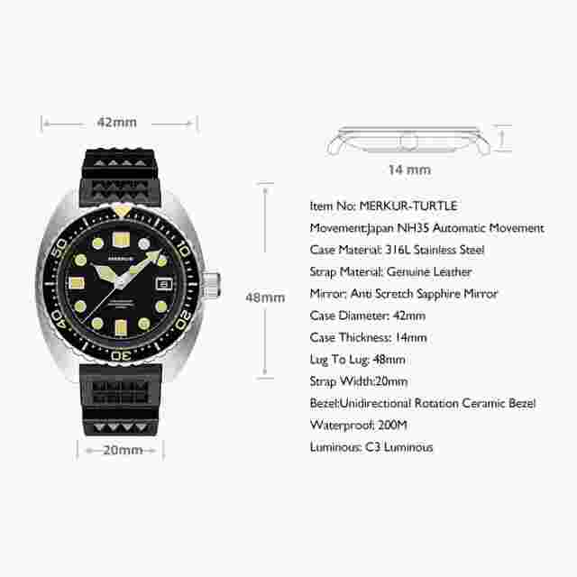 MERKUR Men Diver Watch 42mm Automatic Mechanical Wristwatch 20AMT NH35 Luminous
