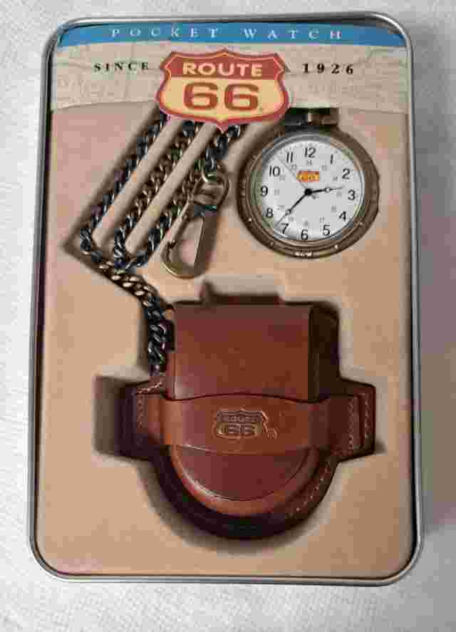 Route 66 White Mens Stainless Steel Gold Battery Pocket Watch in Original Tin