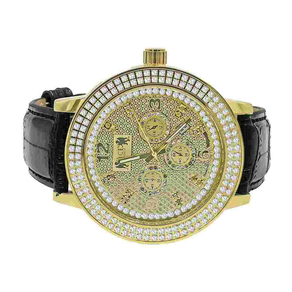 Mens 2 Row Steel Bezel Gold Finish Leather Strap Band Real Diamond Khronos Watch