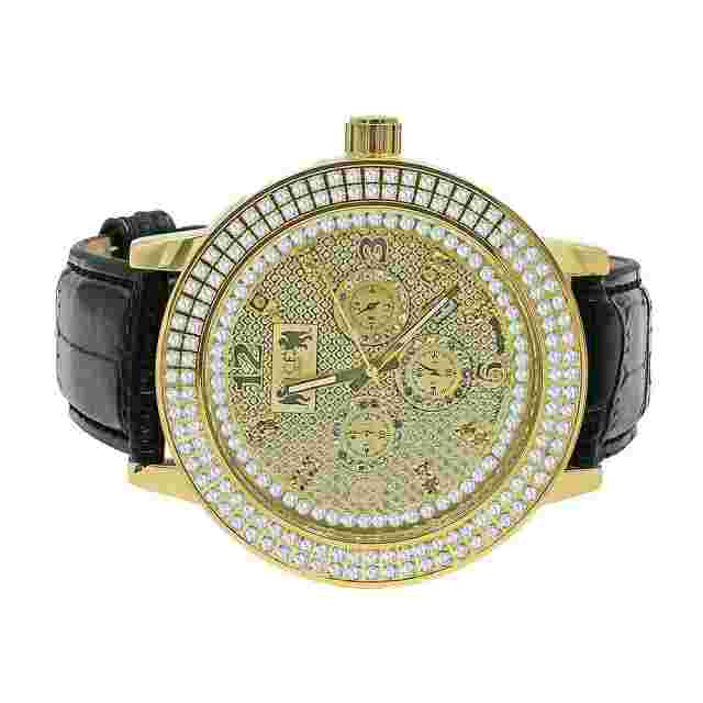 Mens 2 Row Steel Bezel Gold Finish Leather Strap Band Real Diamond Khronos Watch