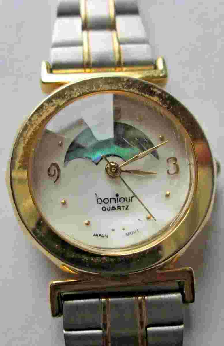 VINTAGE BONJOUR AWCLFCL, WORKING LADIES ANALOG QUARTZ 25MM, 10MM 2PC BAND, USED
