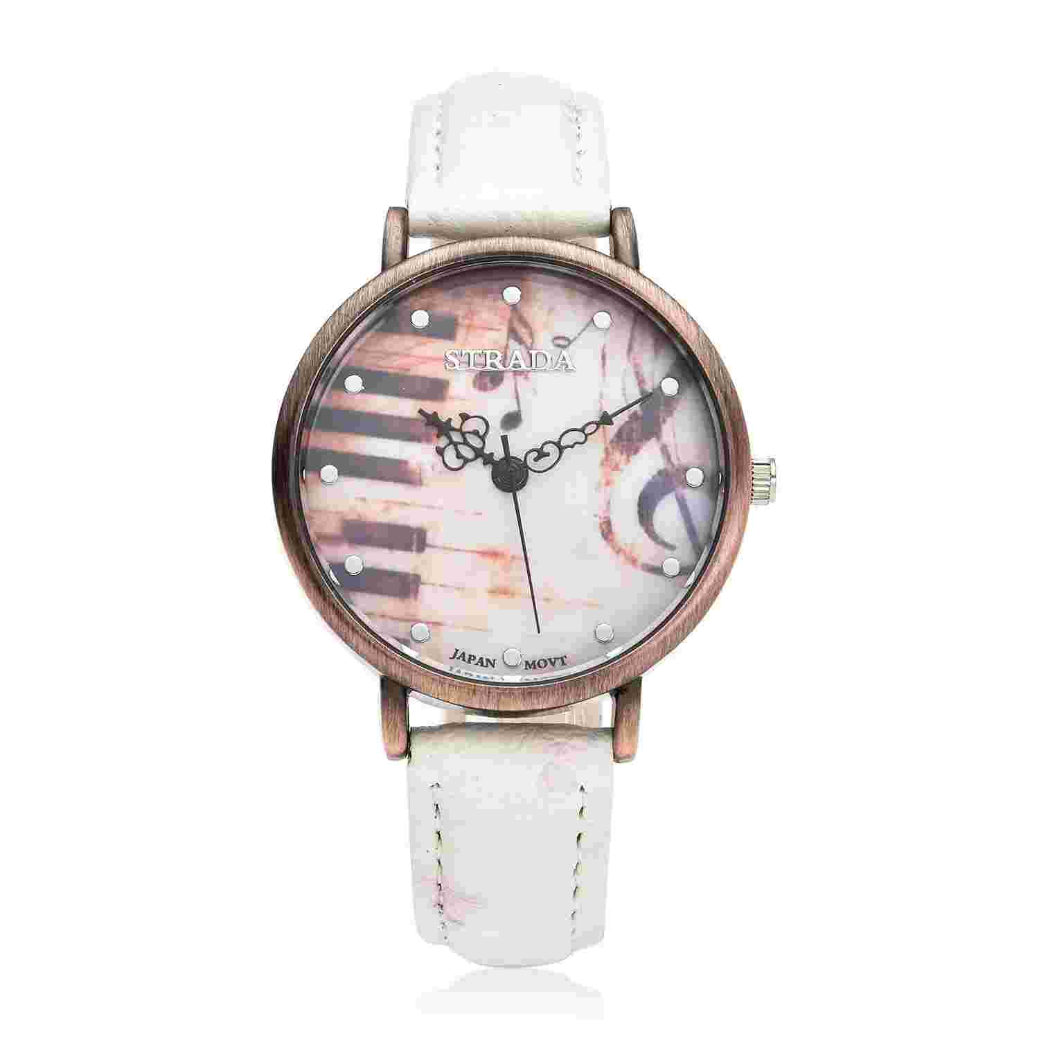 STRADA Ladies Watch Piano Pattern Dial White Ostrich Embossed Faux Leather Strap
