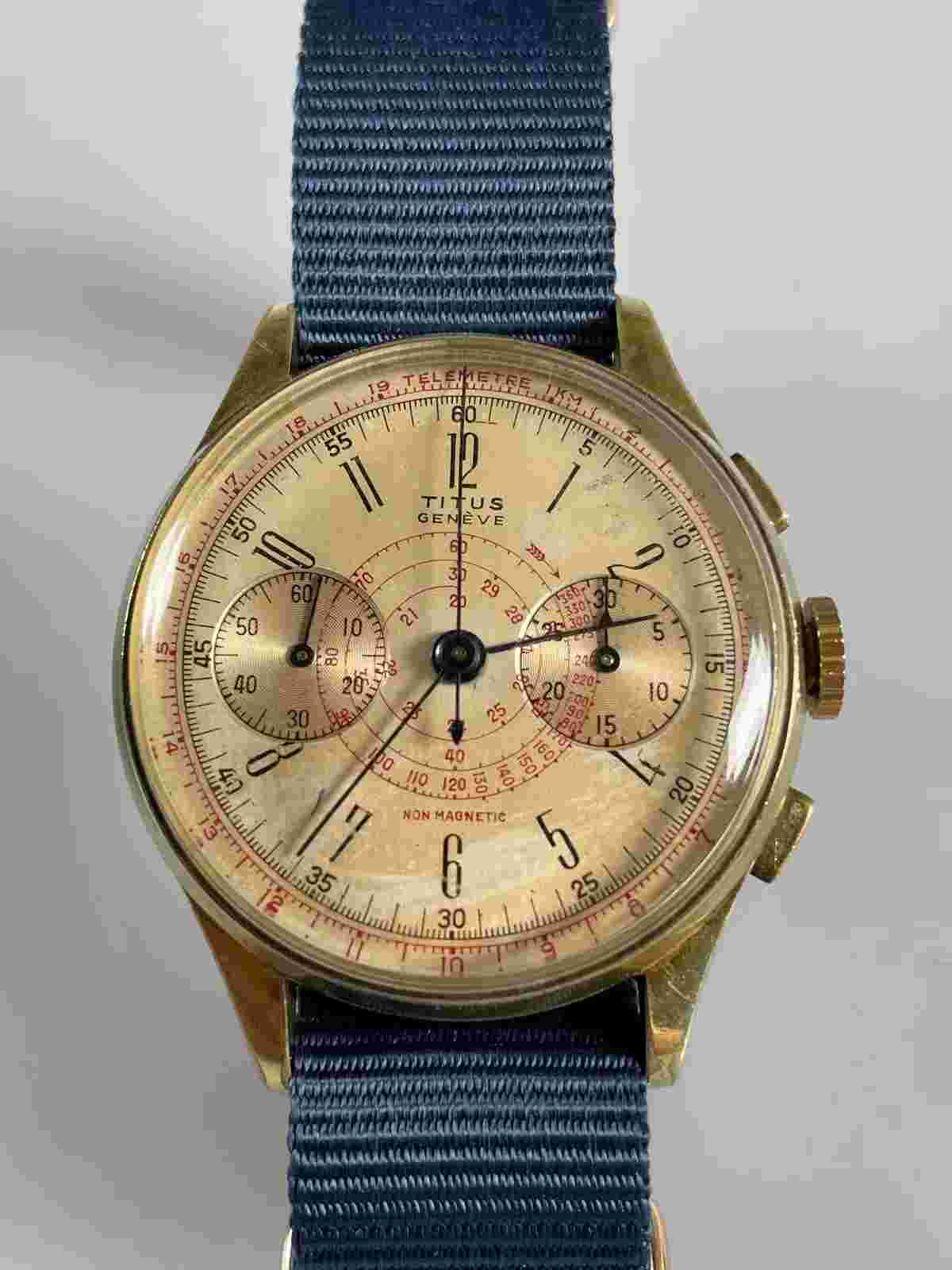 Titus Geneve Non magnetic chronograph Valjoux 22 Gold plated steel