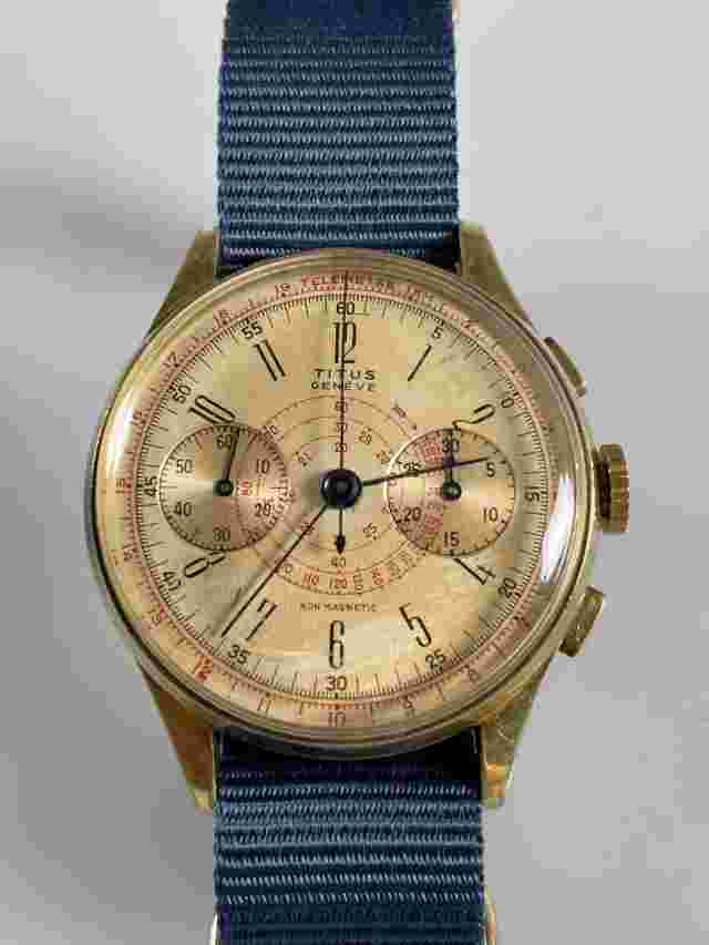 Titus Geneve Non magnetic chronograph Valjoux 22 Gold plated steel