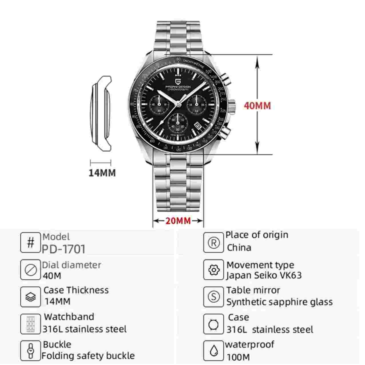 PAGANI DESIGN Mens Watches Quartz Chronograph Moon Watch for Men Sapphire Dial