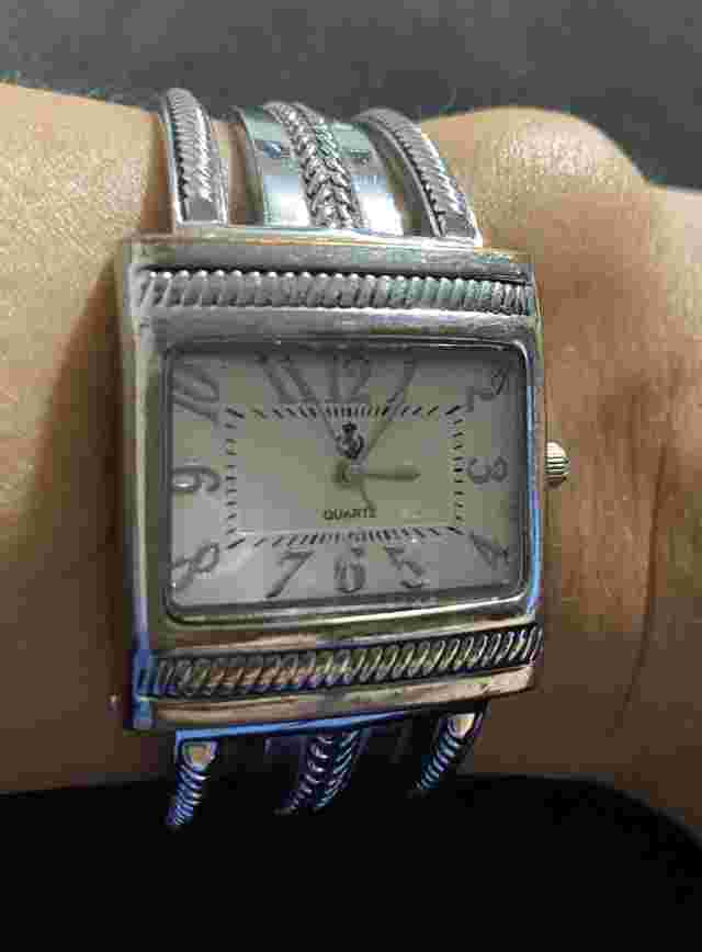 Premier Designs Cario Cuff Watch Silver Antiqued Hinged Band Quartz Movement
