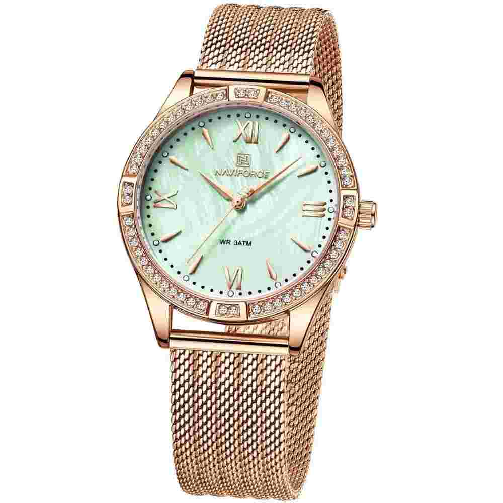 Naviforce Green Dial Rose Gold Milanese Strap Women Watch NF5028 RG/GN
