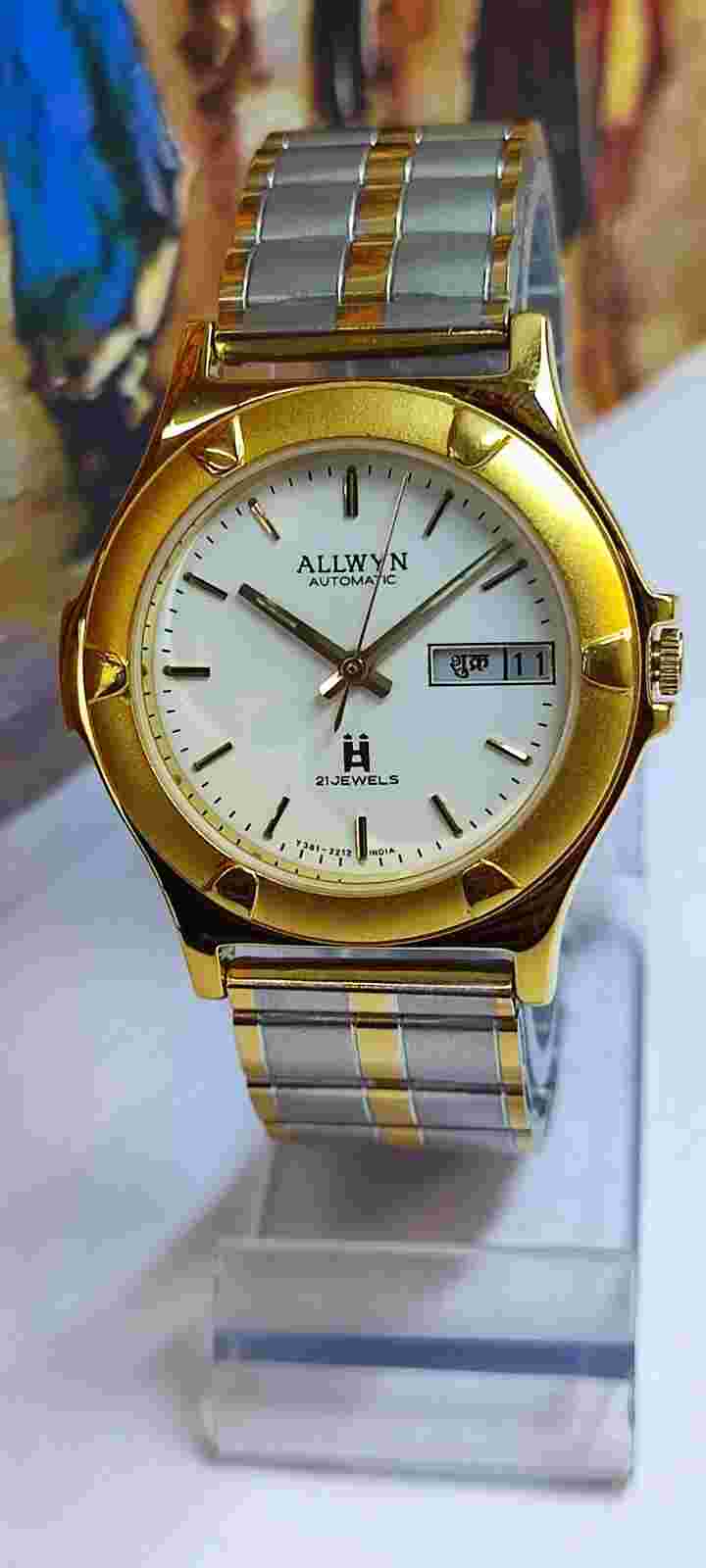 ALLWYN 21 JEWELS AUTOMATIC NOS WHITE DIAL Y381-8460 INDIA MEN'S FULL WORKING VTG