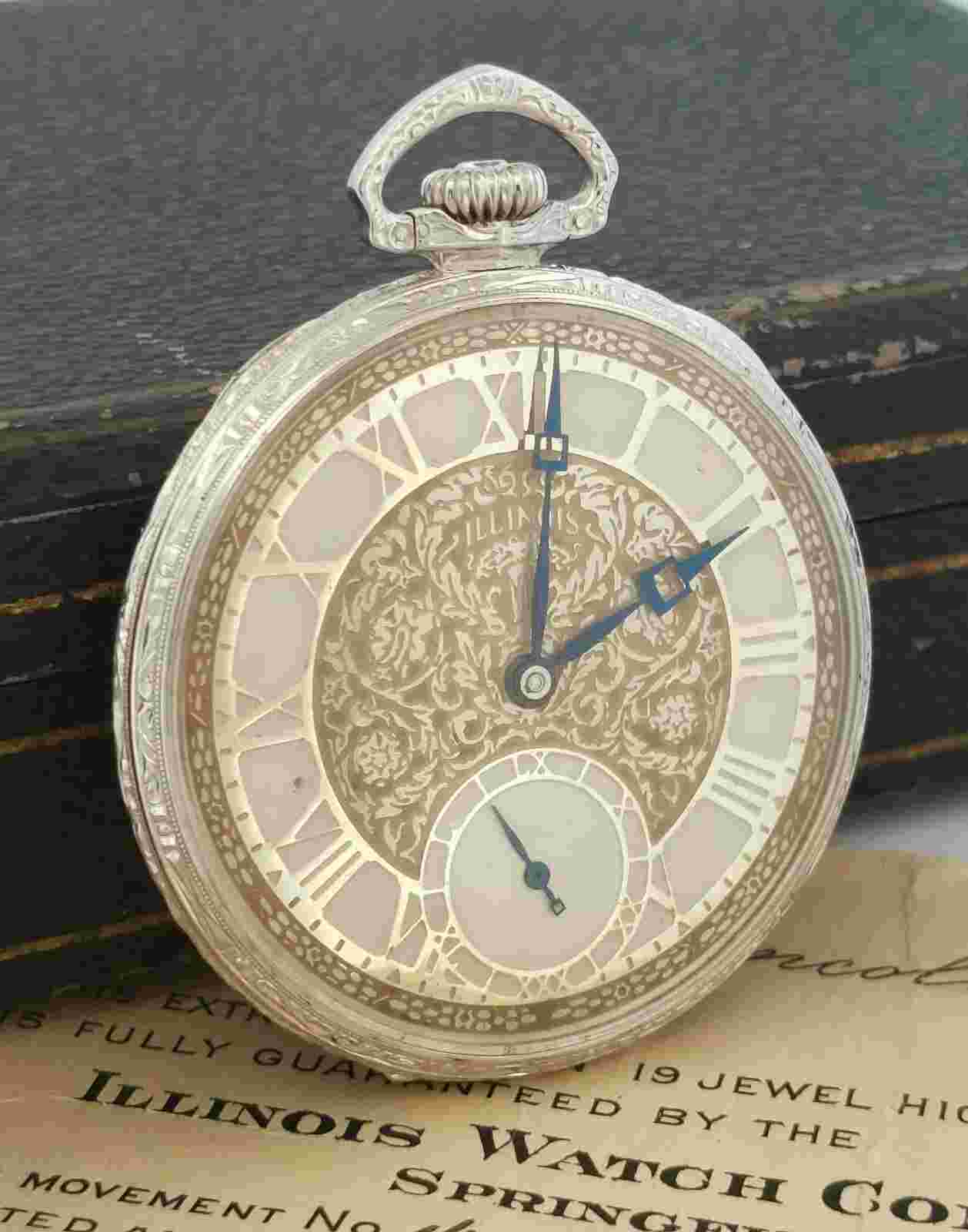 1926 ILLINOIS 14k White Gold Gr: A. Lincoln 527 19J 12s Pocket Watch -Box, Paper