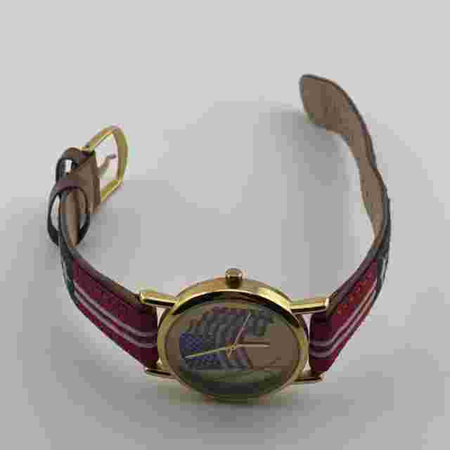 Valdawn American Flag Watch Quartz Analog Brown Leather Flag Band Gold Tone Case