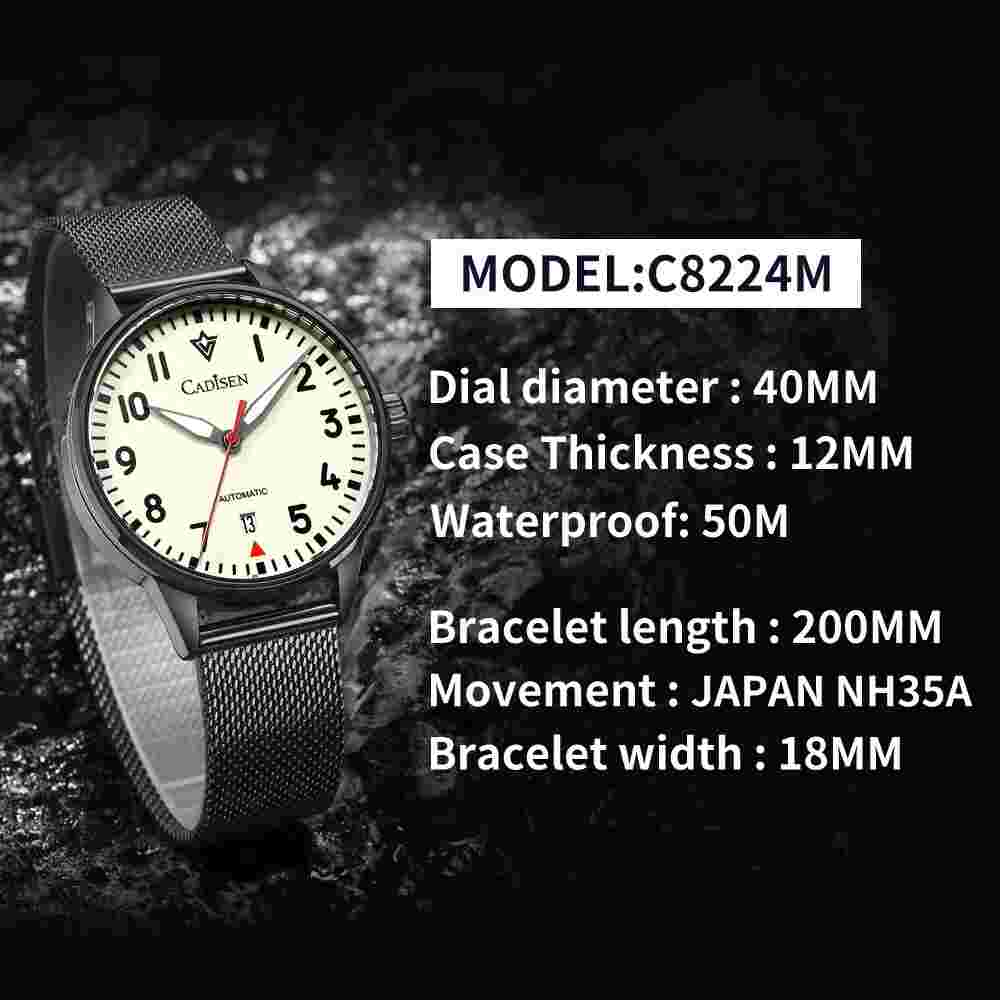 CADISEN Automatic Watch Men Stainless Steel Self-Wind Wristwatch  Waterproof