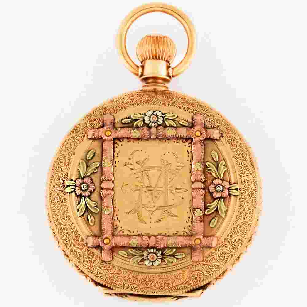 Elgin 14K Multicolor Gold 8s Hunter Case Pocket Watch High Relief Buck 44mm 79g