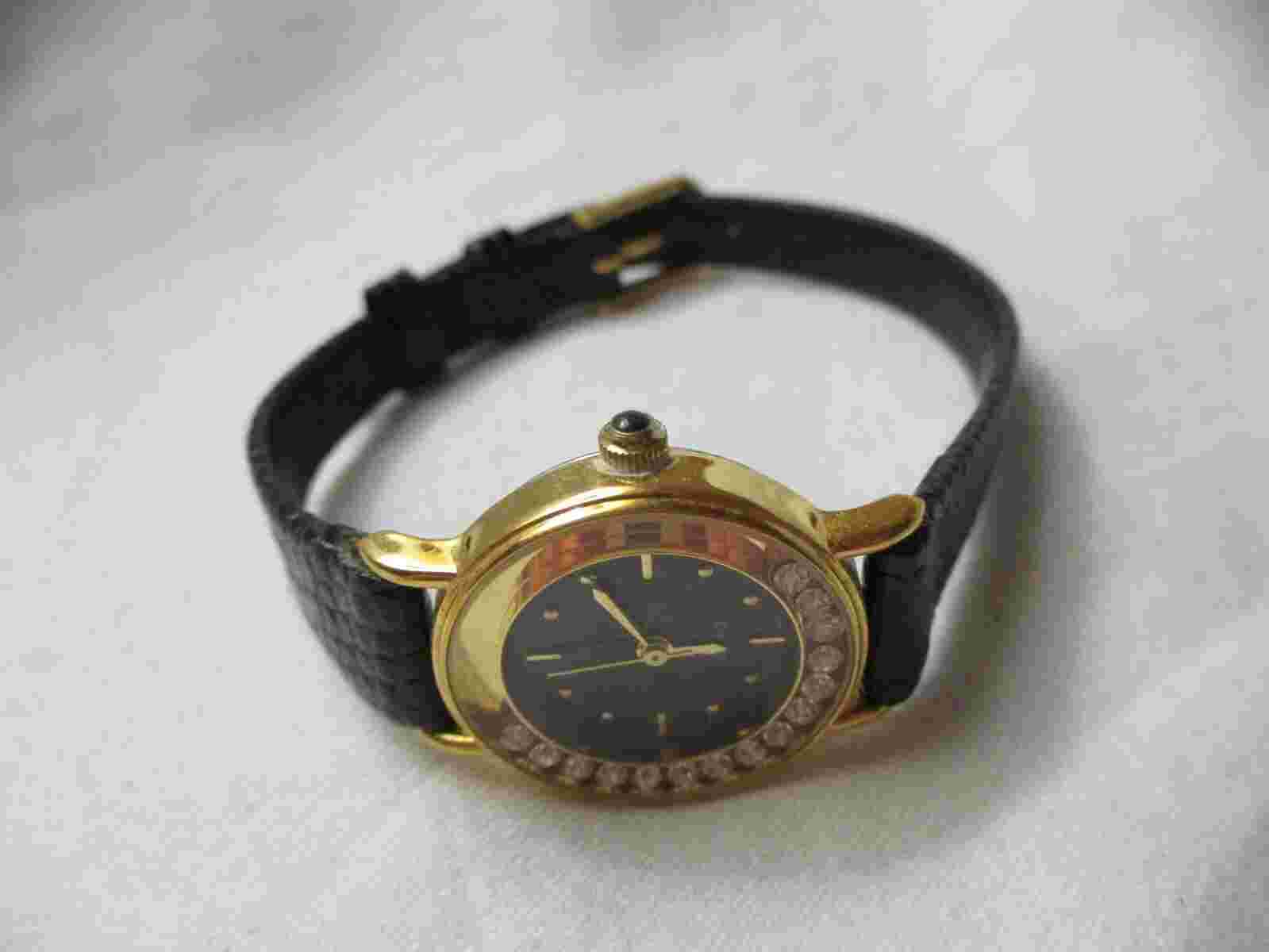 Avon Wristwatch Gold Tone Round Face Rhinestones Black Leather Buckle Band