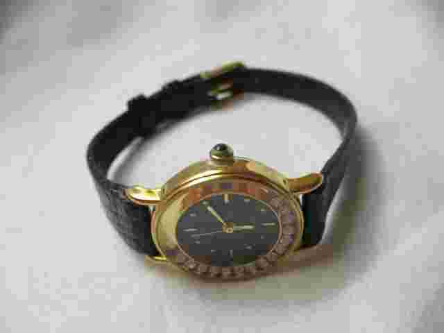 Avon Wristwatch Gold Tone Round Face Rhinestones Black Leather Buckle Band