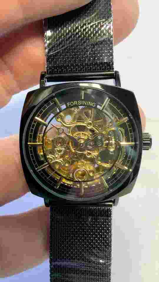 FORSINING Skeleton Transparent Mechanical Automatic Watch, Stainless Mesh Band