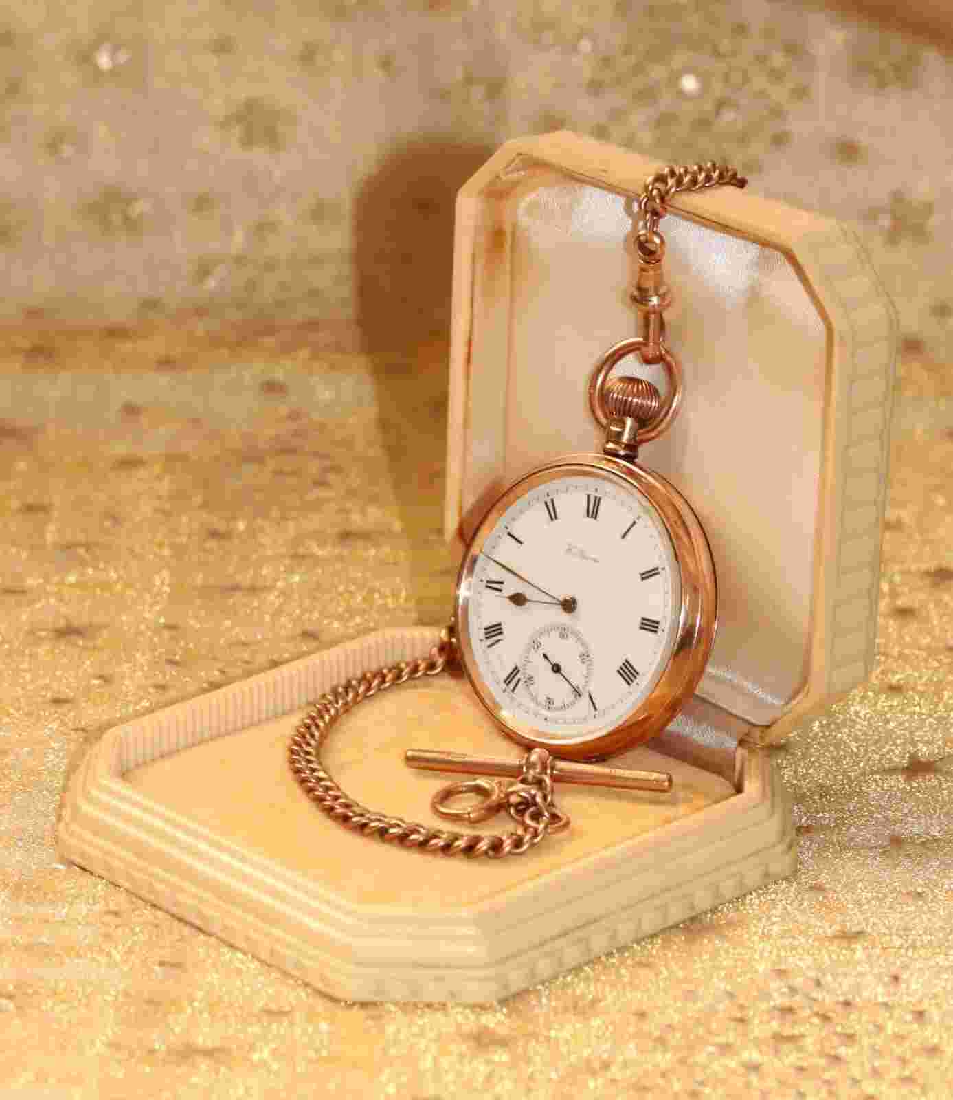 RARE 15ct Rose Gold WALTHAM Pocket Watch & orig. 15ct rose gold chain in old box