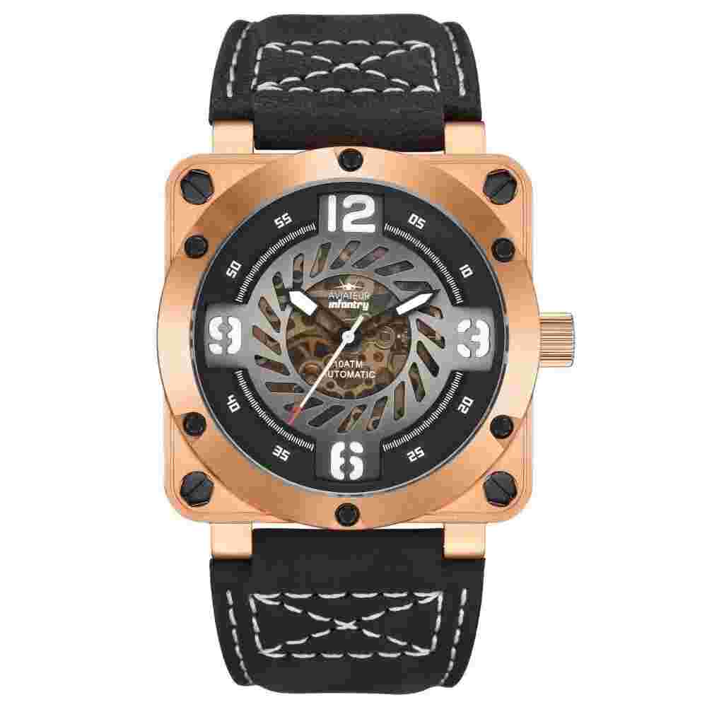 Infantry Aviateur Falcon Black Leather Strap Men Watch AVR-003-SKL-02