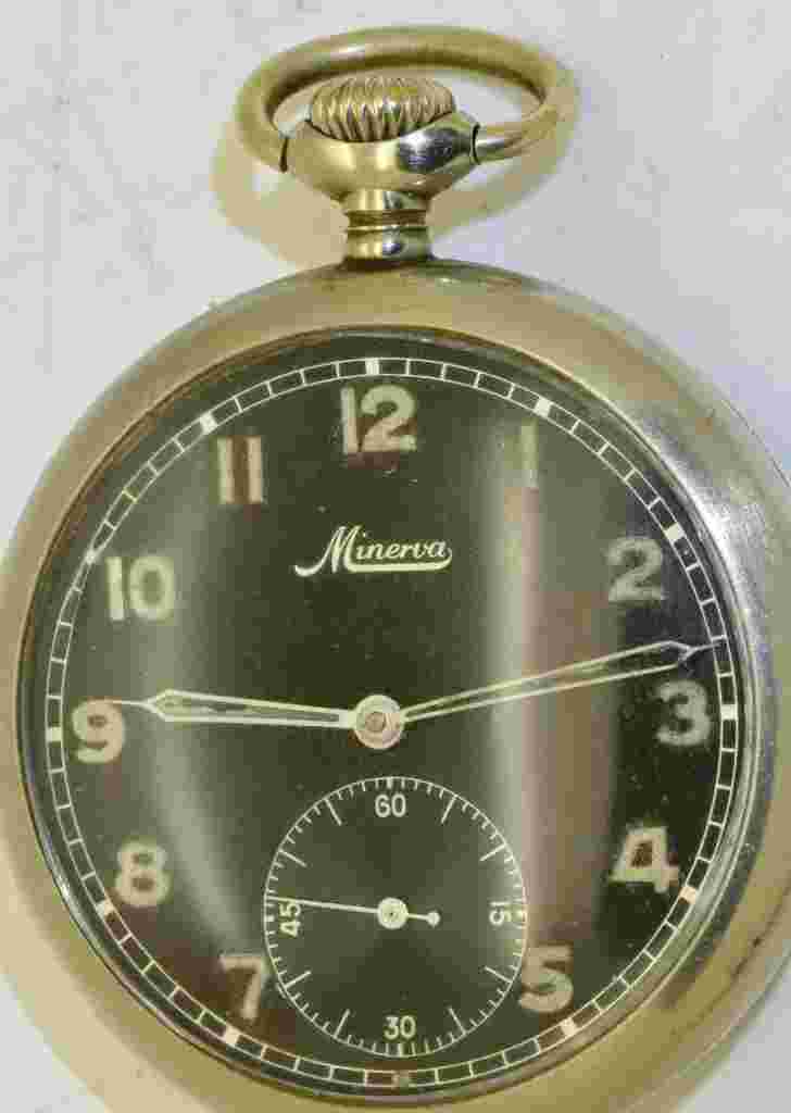 Antique Pocket Watch Minerva WWII Era Bulgarian Kingdom Pilot's Black Dial 1940