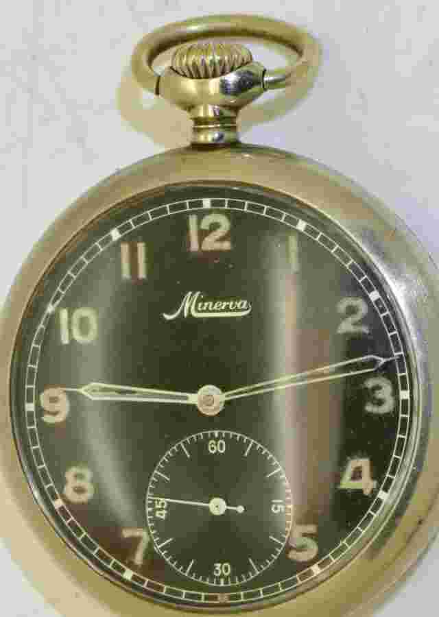 Antique Pocket Watch Minerva WWII Era Bulgarian Kingdom Pilot's Black Dial 1940