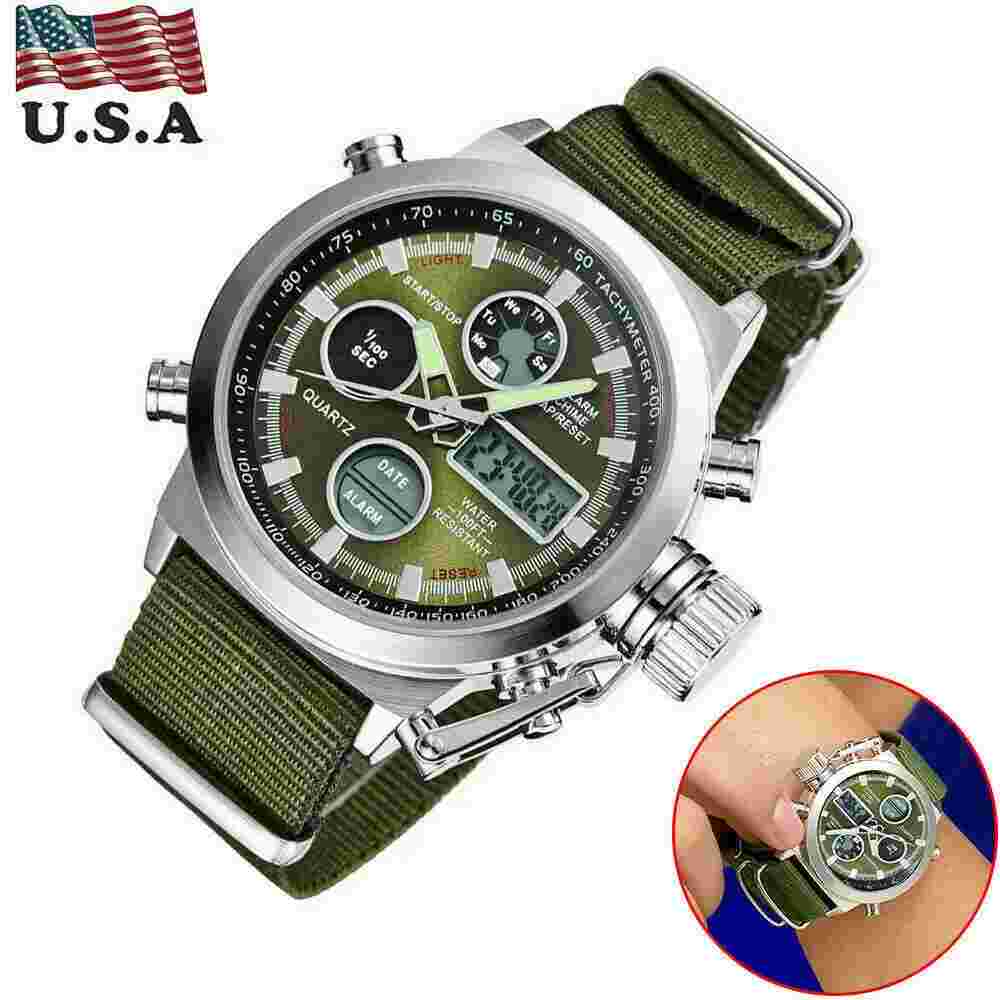 Men Military Wrist Watch Army Green Analog Digital Quartz Nylon Canvas US Stock