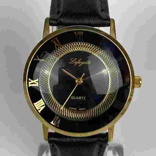 Vintage Lafayette Watch Women Gold Tone Black Dial 33mm Leather New Battery 8"