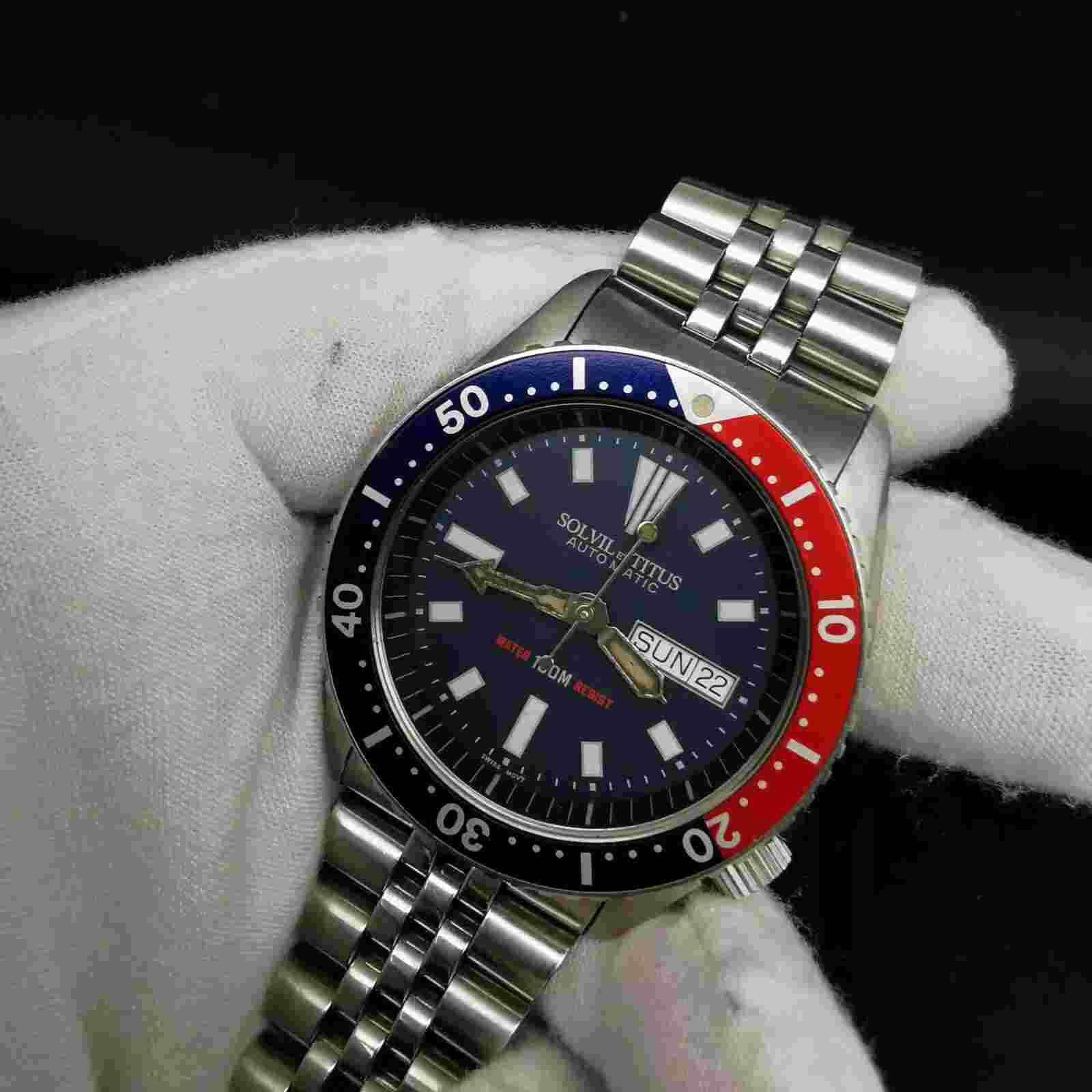 SOLVIL ET TITUS PEPSI BEZEL DAYDATE STAINLESS STEEL SWISS 2836 AUTOMATIC WATCH