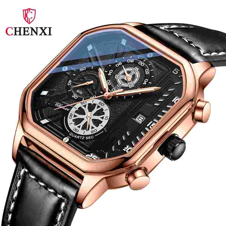 CHENXI Men Watch Brand Male Square Chronograph Watches Leather Date Wristwatch