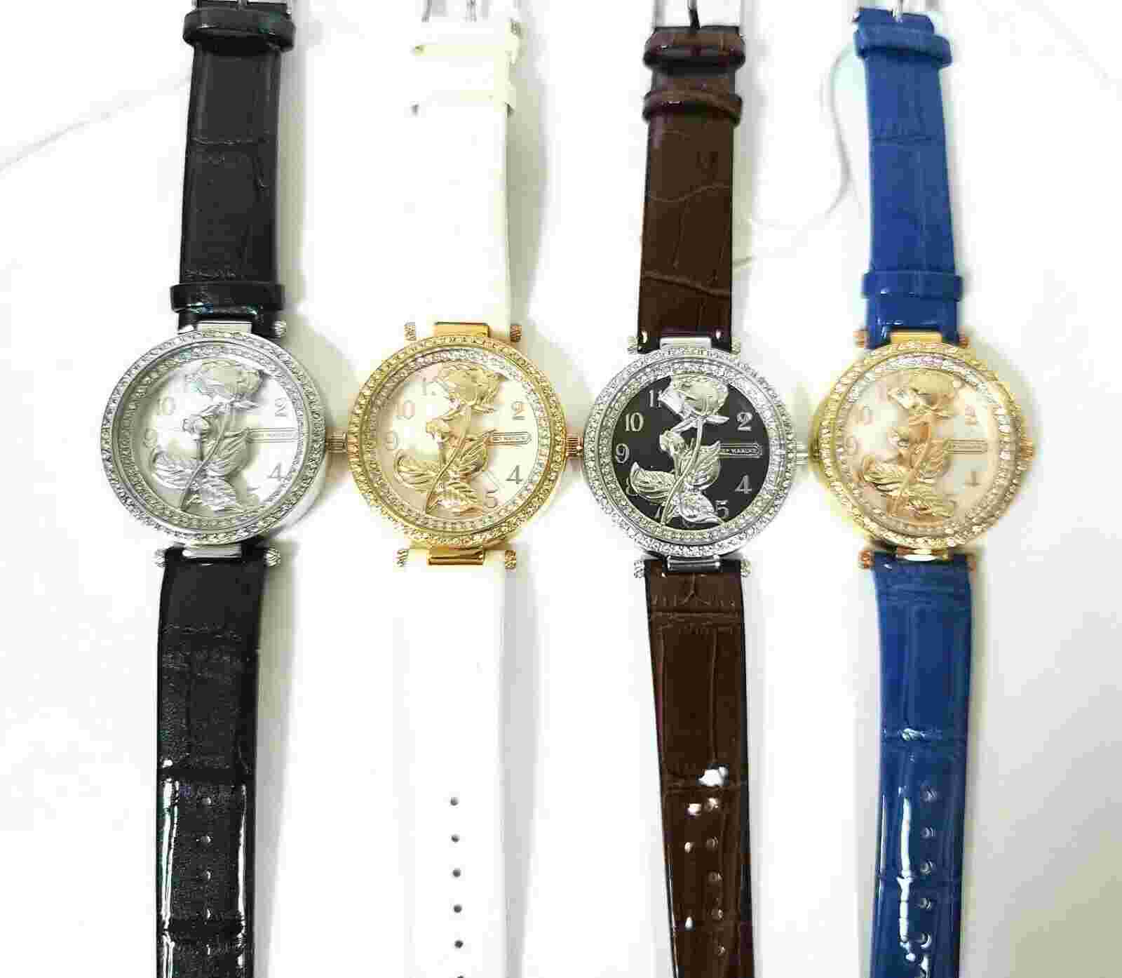 SKY MARINE SILVER,GOLD,ROSE CRYSTALS 3D ROSE FLOWER,PATENT LEATHERETTE WATCH