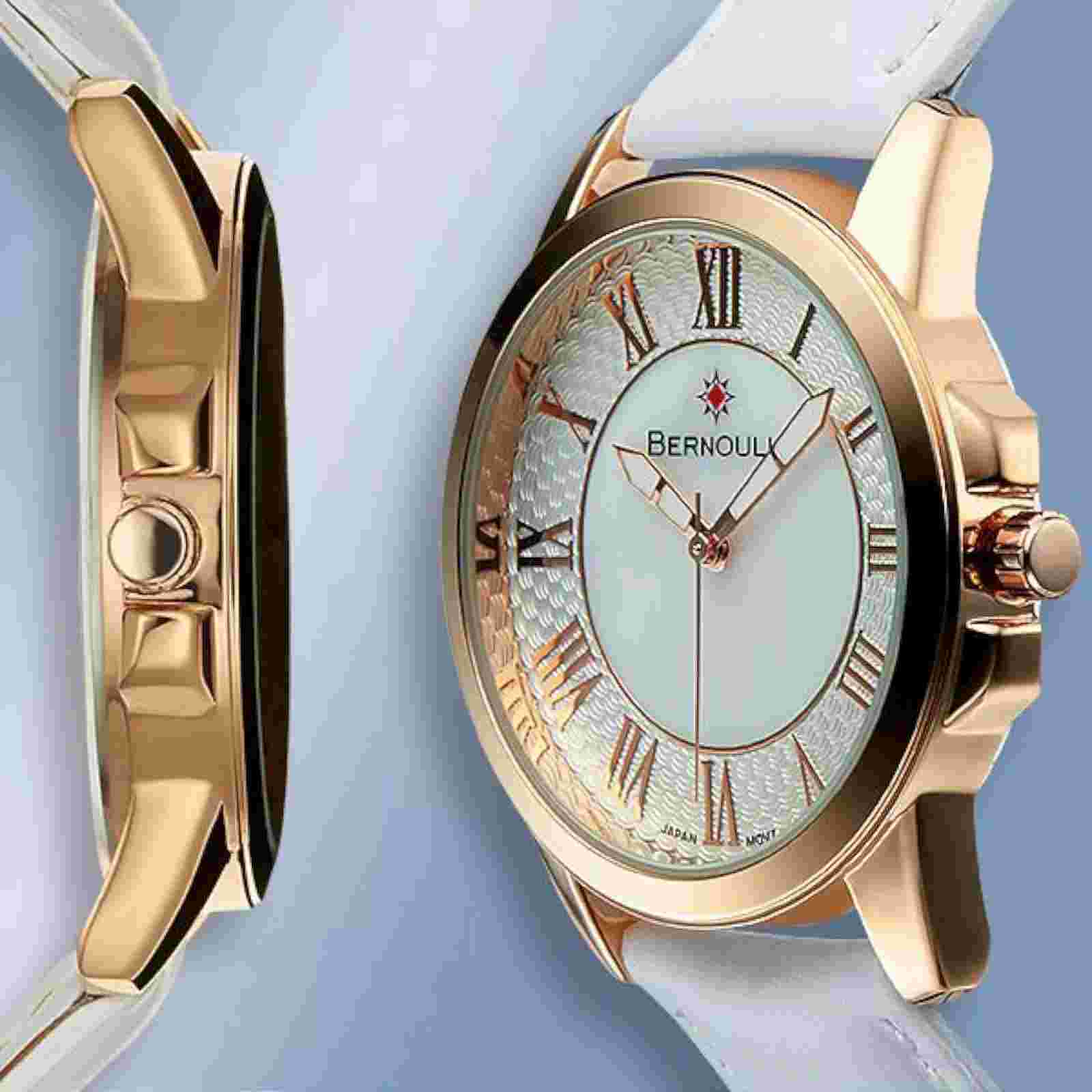 Bernoulli 9843 Faun Womens Fashion Rose Gold Bezel MOP Dial Leather Watch