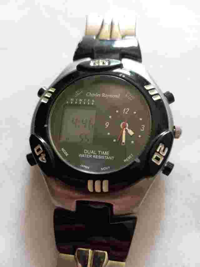 Vtg Charles Raymond Dual Time Digital Analog Men's Watch Stainless Damaged Band