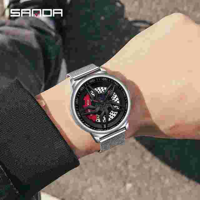 SANDA Car Rim Wheel Rotating Dial Mens Quartz Stainless Wateproof Luminous Watch