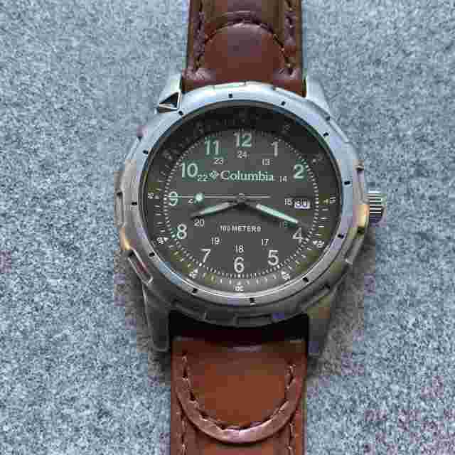 Columbia Men Field Watch 38mm Silver Tone Case Rotating Bezel W/Leather Band B-C