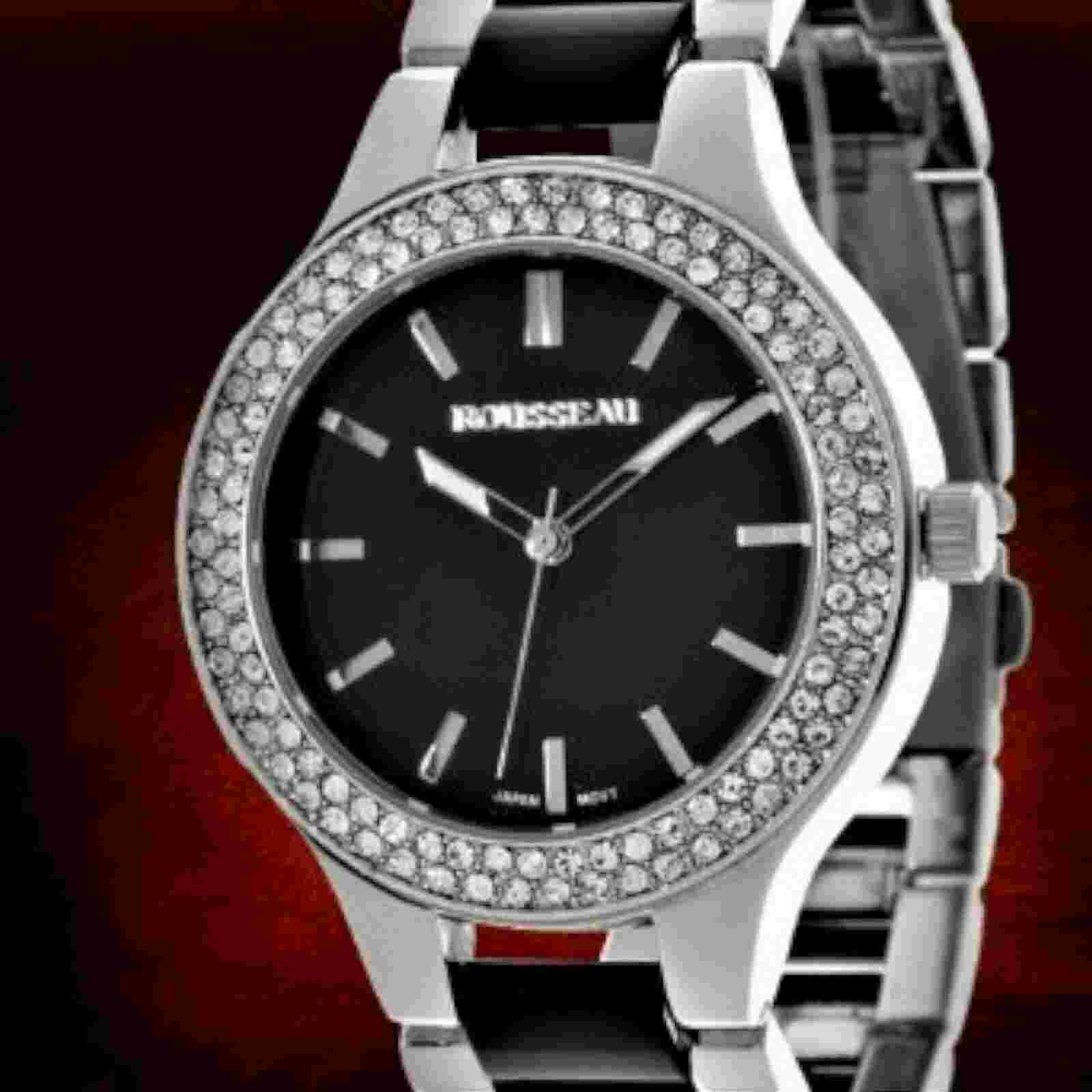 Rousseau 9011 Women's Andrea Collection Black/Silver Watch W/ Crystal Bezel