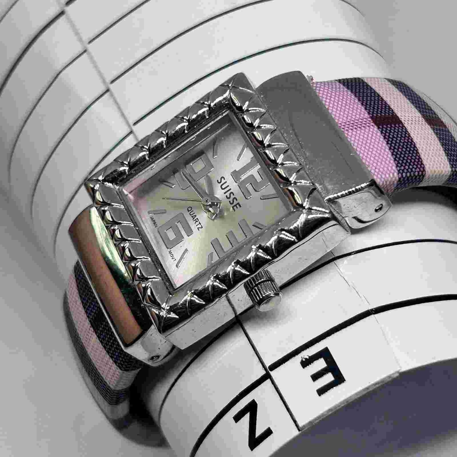 Suisse Silver Tone Square Dial St. Steel Women’s Stripe Bangle Quartz Watch