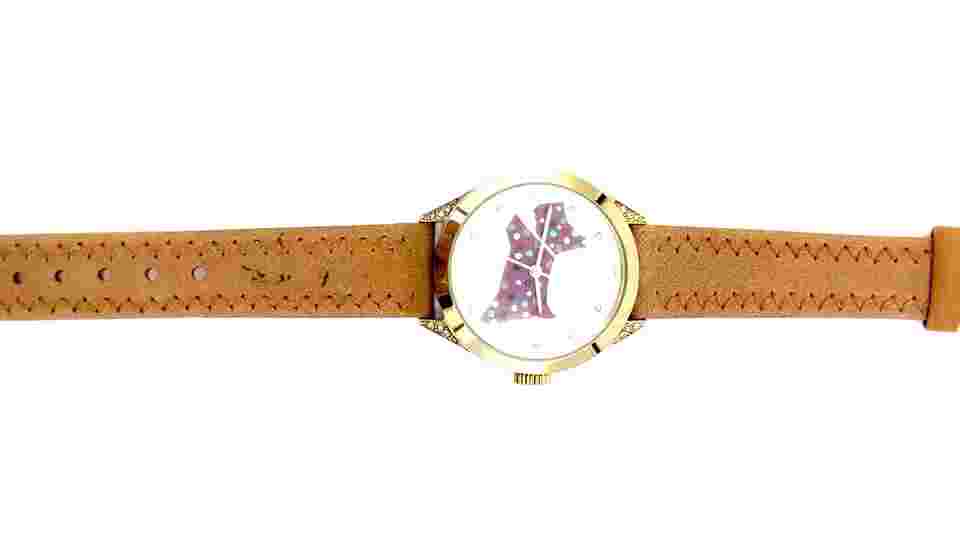 Radley Gold Ladies Watch Beige Leather Strap Purple Spotty Dog VGC