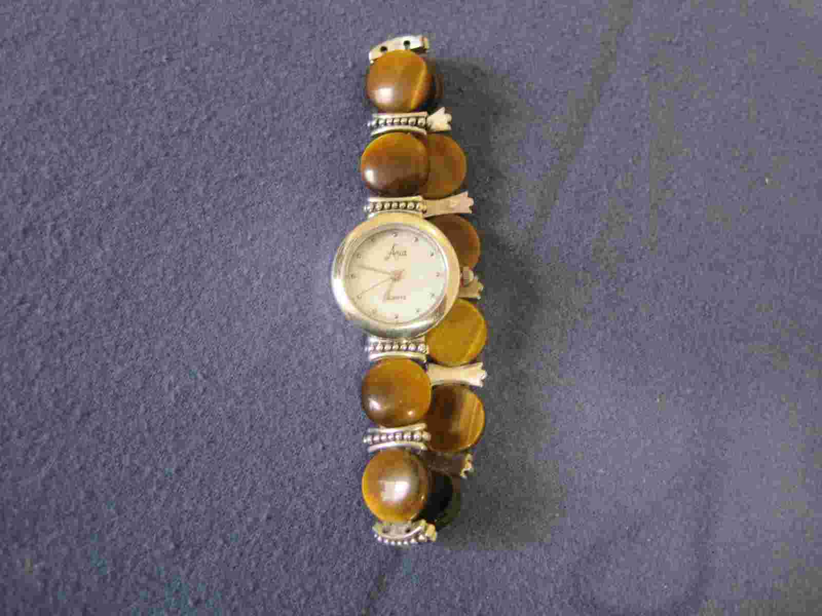#108  ladys sterling silver ARIA tiger eye beads stretch watch bracelet