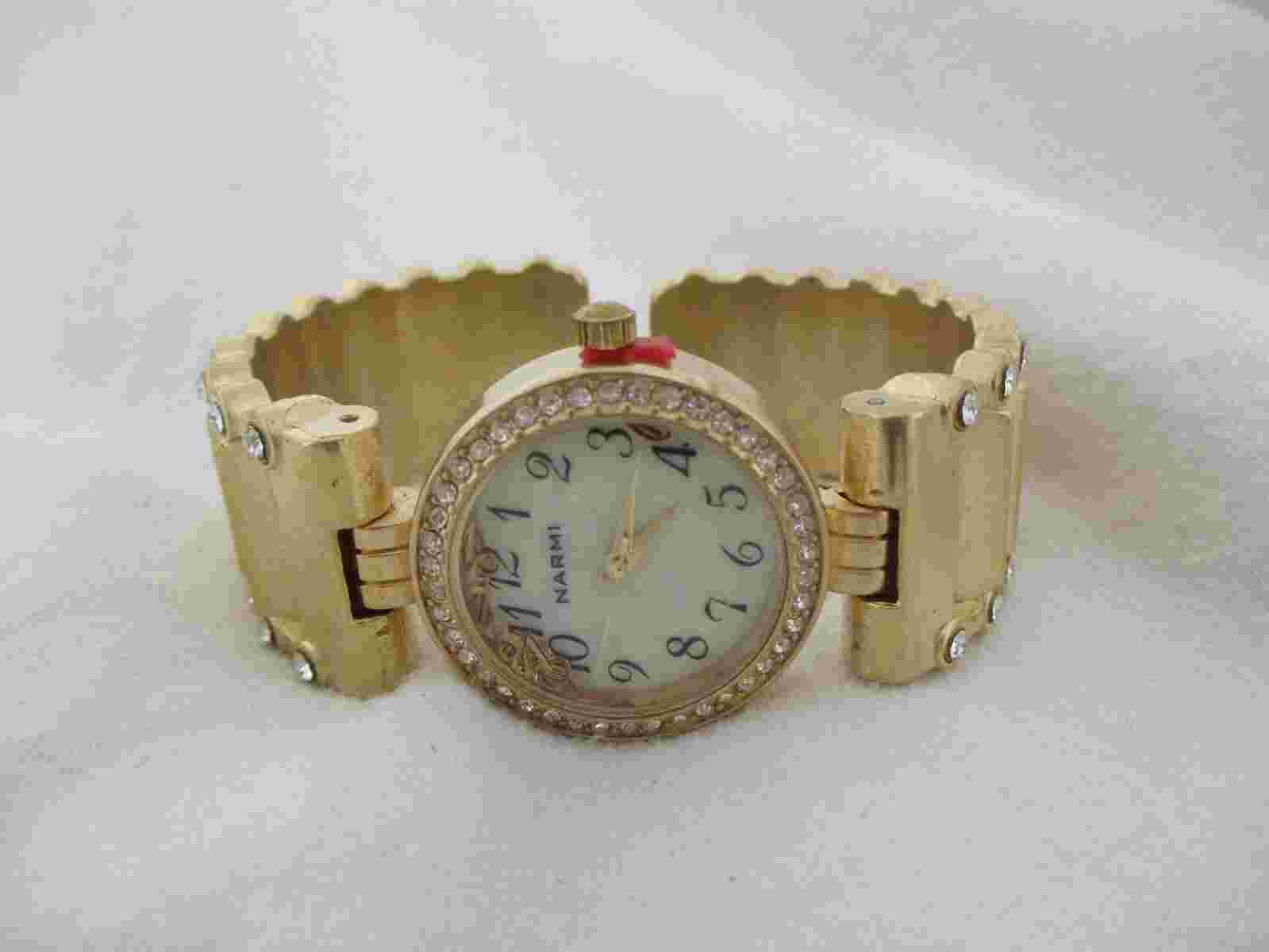 Narmi Goldtone Rhinestone Cuff Watch, Metal Band