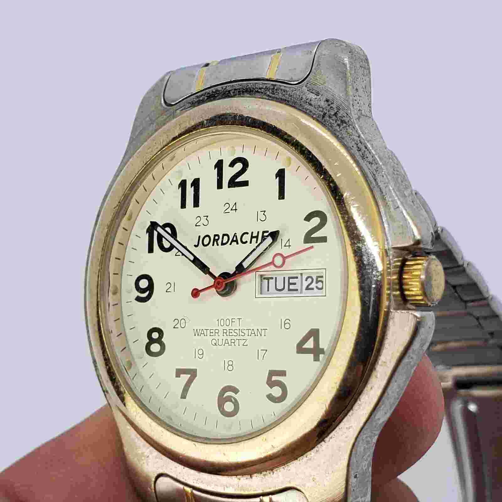 VTG Jordache Watch Unisex Cream Dial Two Tone 6.5" Bracelet Day/Date New Battery