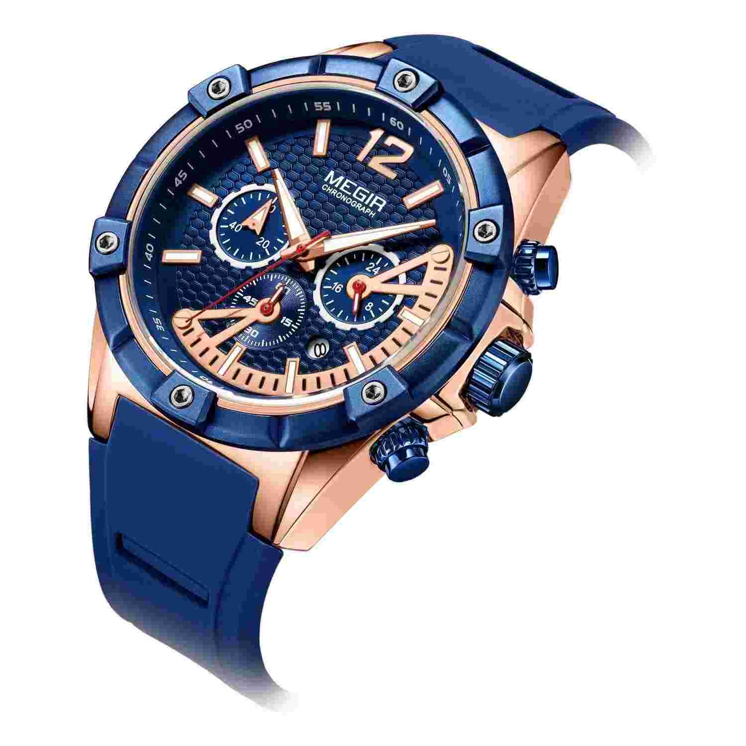 Megir Men's Watches Quartz Movement Alloy Case Silicone Strap Blue 2083G