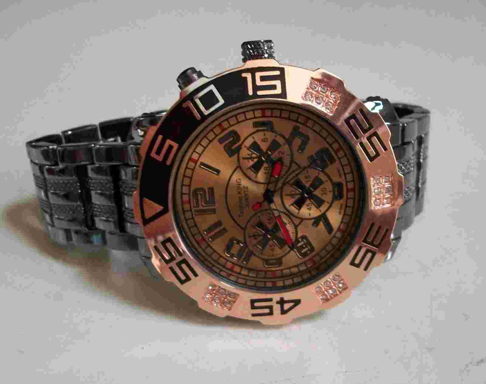 Men's stone black hematite & rose gold finish bracelet fashion hip hop watch