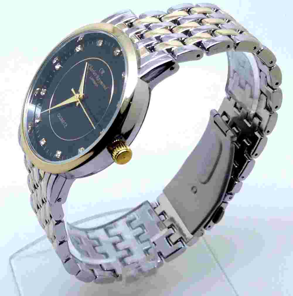 x083O Men's Luxury Wrist Watch Gold & Silver Strap Diamante Crystal Black Dial