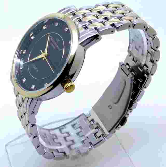 x083O Men's Luxury Wrist Watch Gold & Silver Strap Diamante Crystal Black Dial