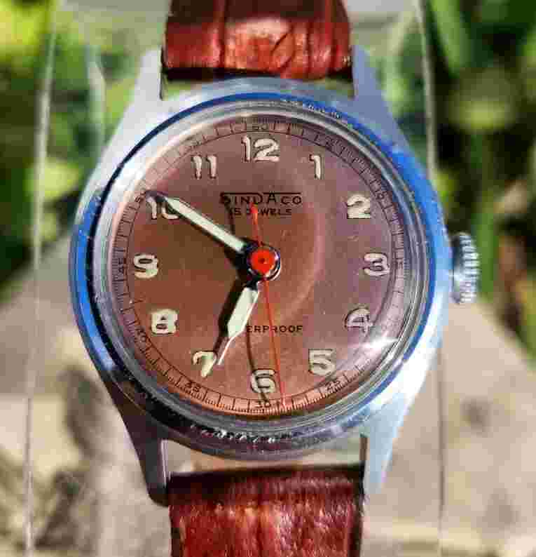 Vtg Sindaco Military RARE Salmon Copper Dial Men's 30mm Watch Mechanical WORKS!!