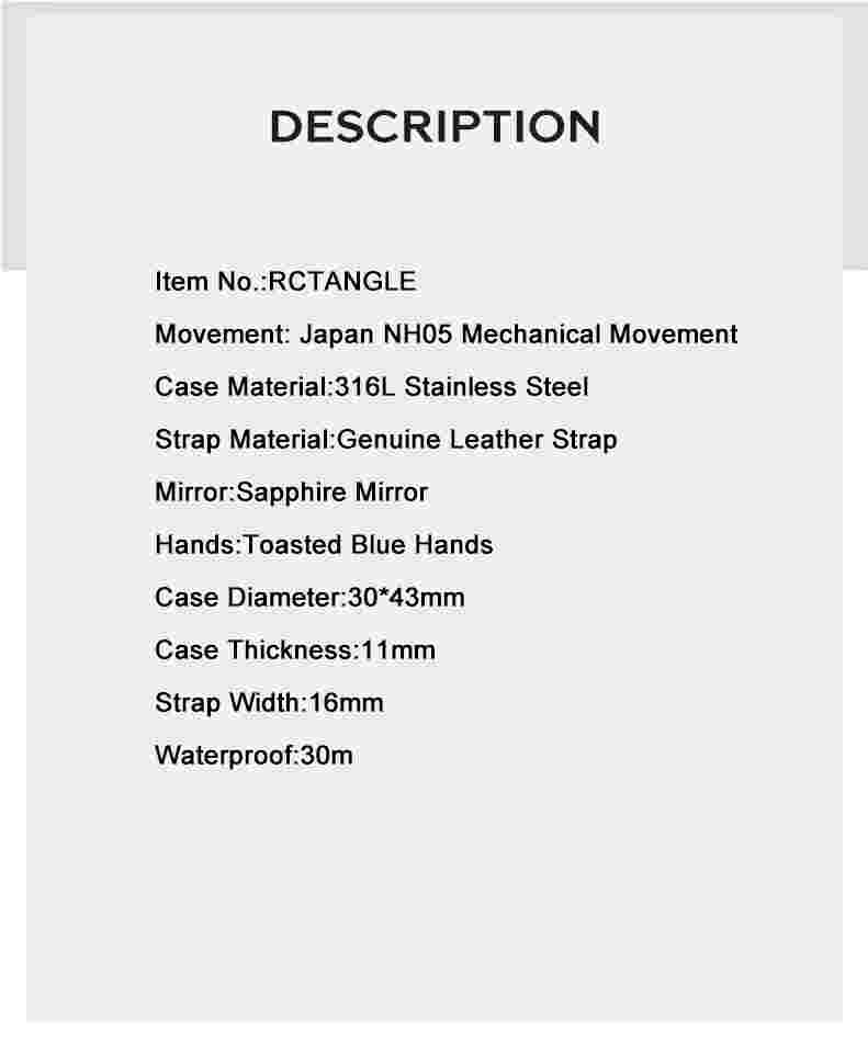 MERKUR Men Luxury Watch 30*43mm Retange Automatic Mechanical Wristwatch NH05