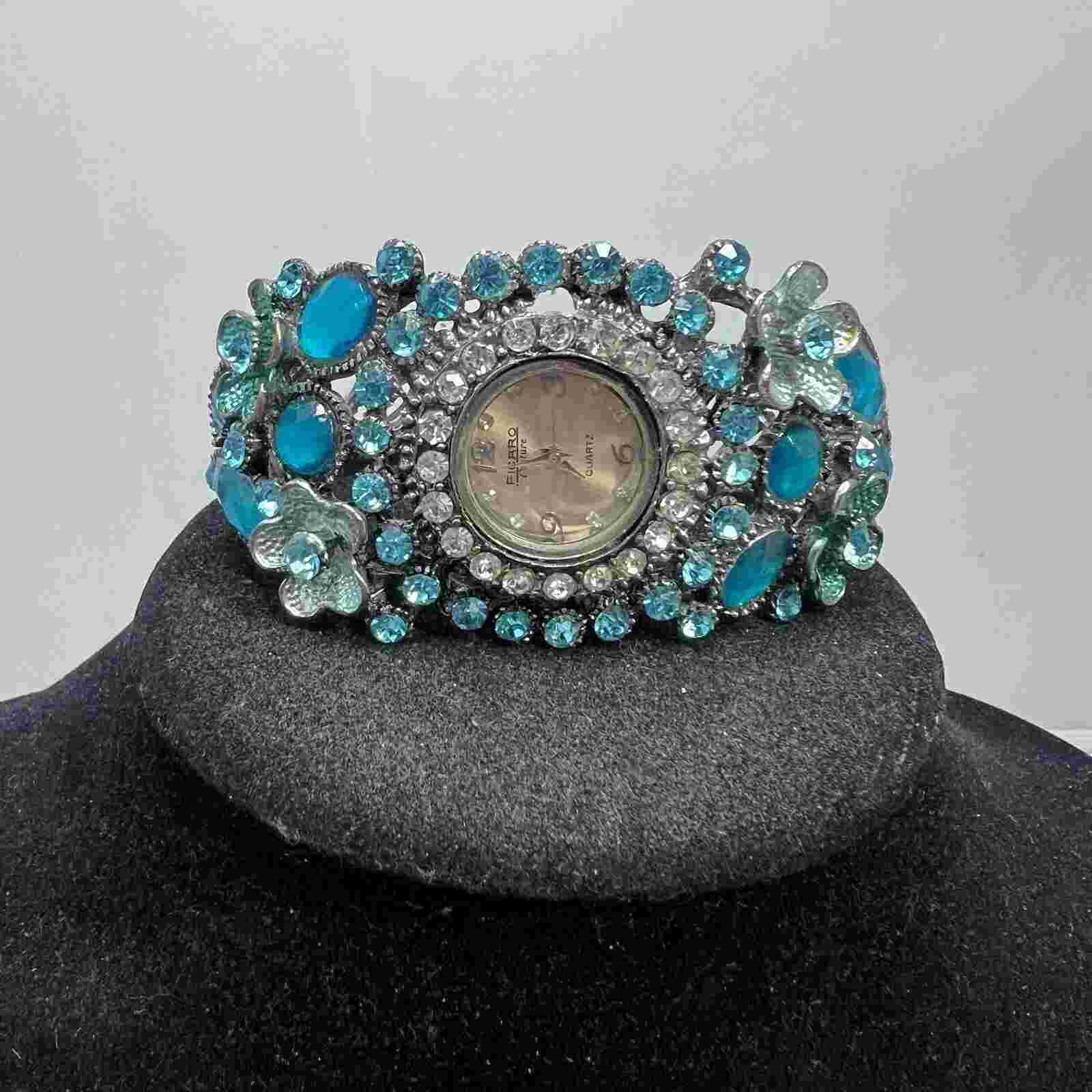 Vtg Figaro Couture Aqua Blue Floral RHINESTONE Women's Cuff Hinged Band Watch