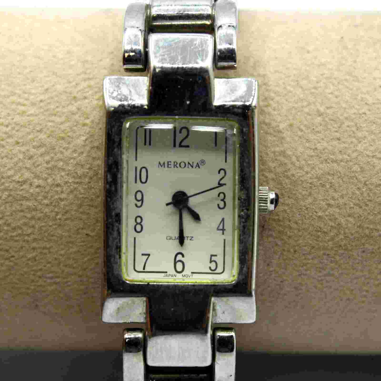 Vintage Merona Watch Women's Brushed Silver Tone Stainless Steel Rectangle Band