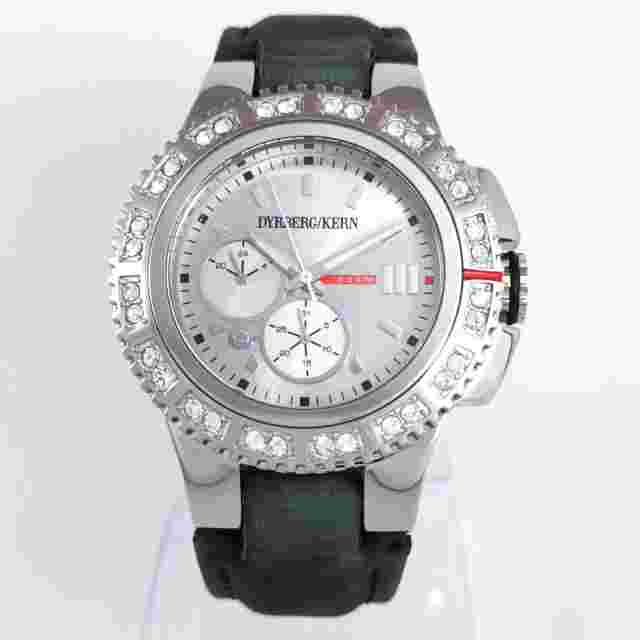 Dyrberg/Kern Silver Black Leather Strap Diamonds Quartz Women's Watch