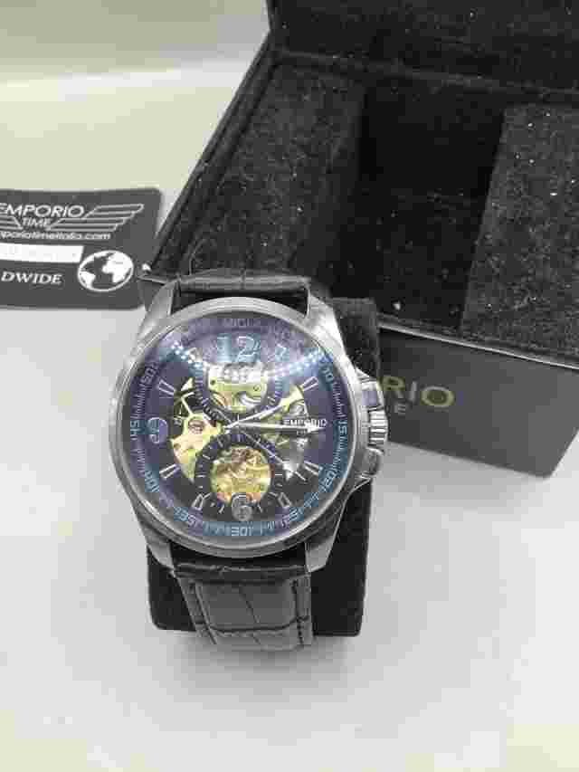 Emporio Time Men’s Stainless Steel And Leather Strap Skeleton Wristwatch